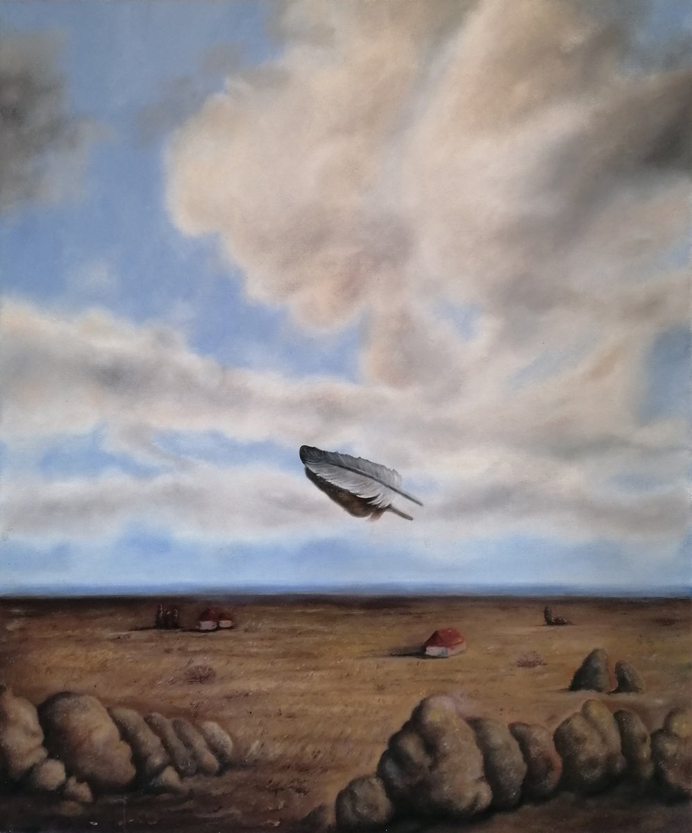 Surrealistic Landscape Oil Painting By Nelaart, 20 X 24", Landscape With Feather, Original Artwork