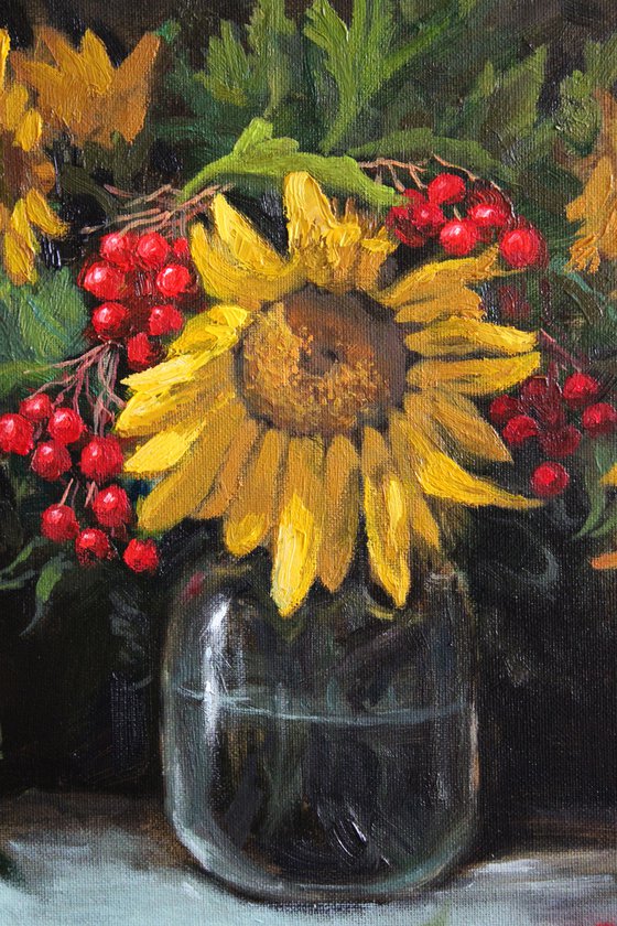 Rowan and sunflowers. 40x40 cm