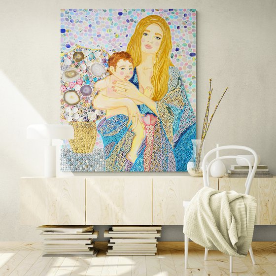 Mother and child. Precious stones, mosaic, gold, silver, diamond.
