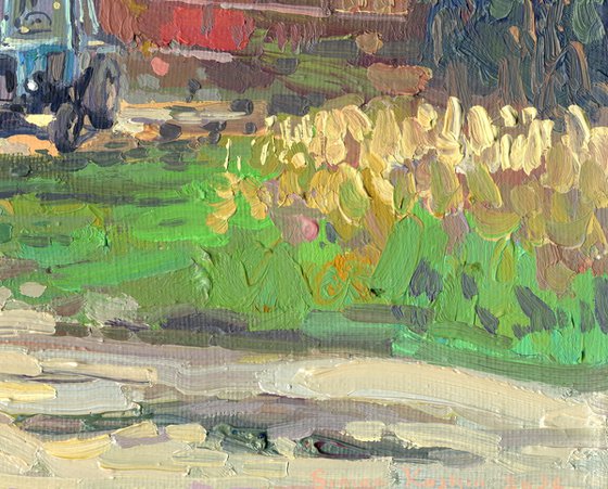 Blue tractor at the sawmill. Rodnya village