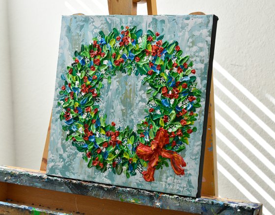 Christmas Wreath - Acrylic Palette Knife Painting, Holiday Décor