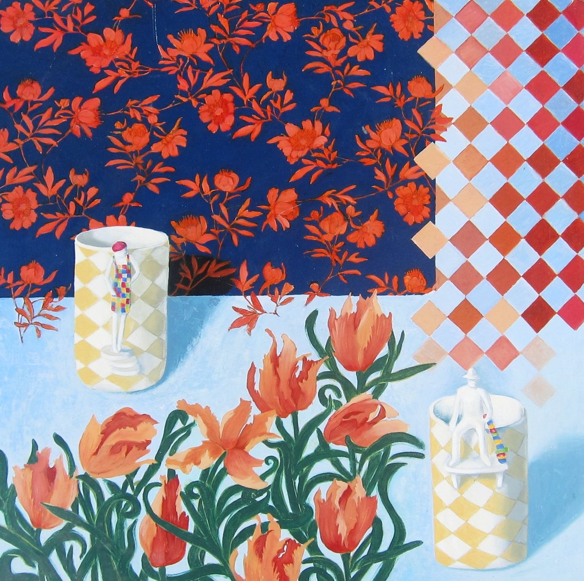 Surrealistic Botanical Oil Painting By Sophie Colmer-Stocker, 16 X 16", Tulips And Mugs, Original Artwork