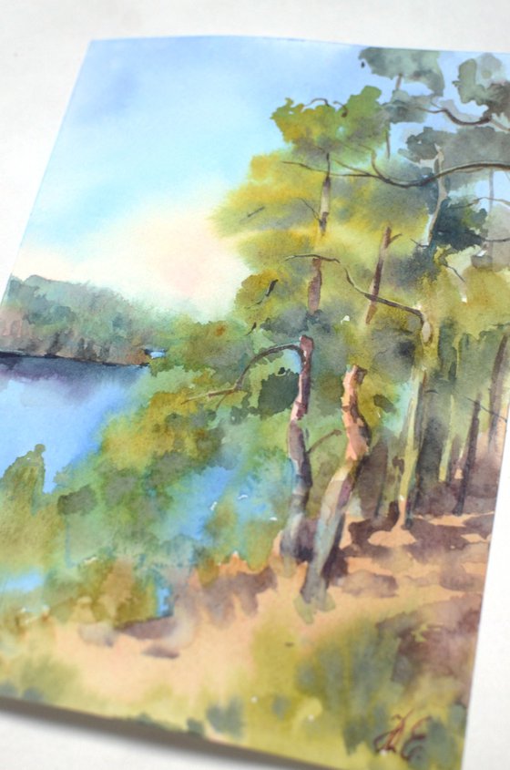 Small watercolor Forest Lake, Russian nature, Karelia