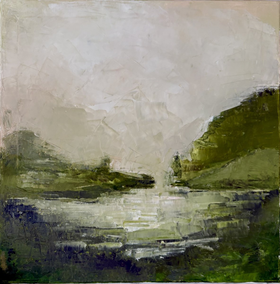 Expressive Oil Painting , Abstract Mountains Lagoon Landscapes Whispers By Daniela Nocito, 20 X 20, Artwork For Sale On Artfinder