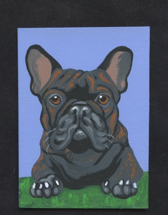 ACEO ATC Original Miniature Painting Black Brindle French Bulldog Pet Dog Art-Carla Smale