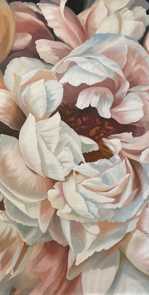 Peonies Rebirth White black flowers bloom peony painting large size realistic flower by Julia Logunova