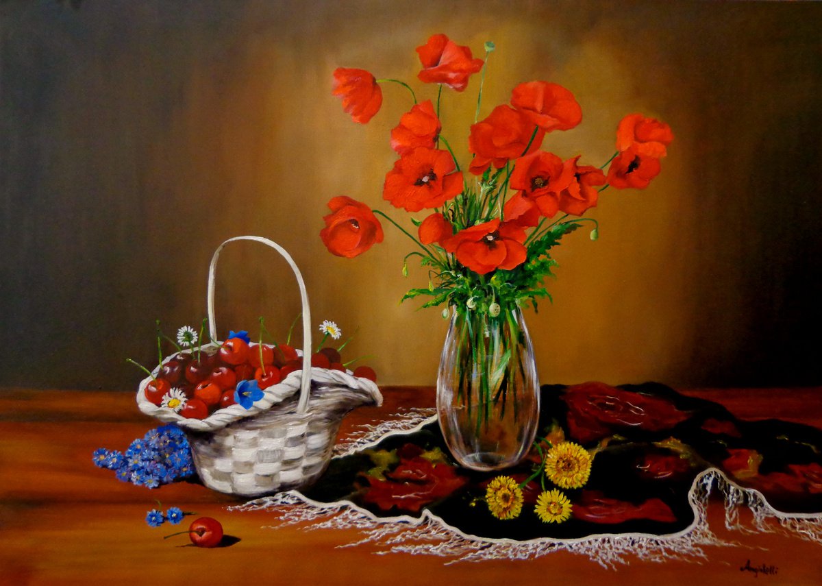 Photorealistic Still Life Oil Painting By Anna Rita Angiolelli, 28 X 20, Cherries And Poppies, Original Artwork