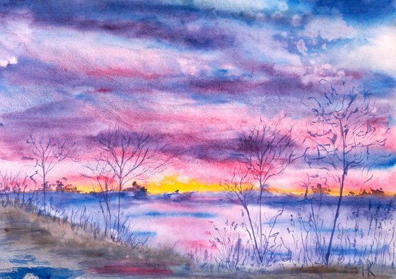 Sunrise at the riverside - original watercolor painting