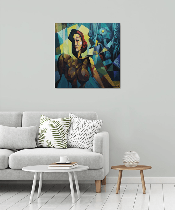 Midnight (80x80cm, cubism, oil painting, ready to hang)