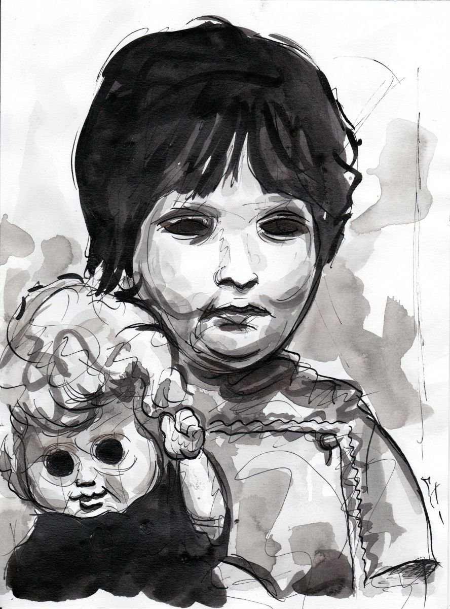 Expressive Portrait Ink Drawing By Lionel Le Jeune, 9 X 13", Girl & Doll, Original Artwork