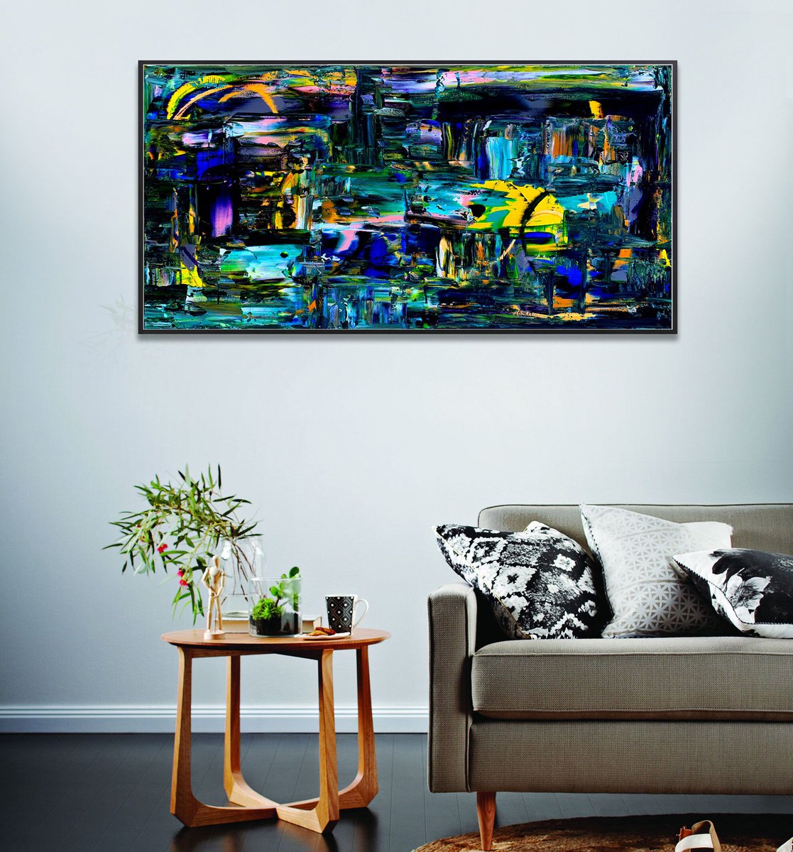 Geometric Abstract Acrylic Painting By Estelle Asmodelle, 25 X 13, Tokyo After Midnight [Framed], Original Artwork