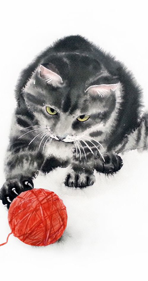 Cat playing with a ball of woo by Olga Beliaeva Watercolour