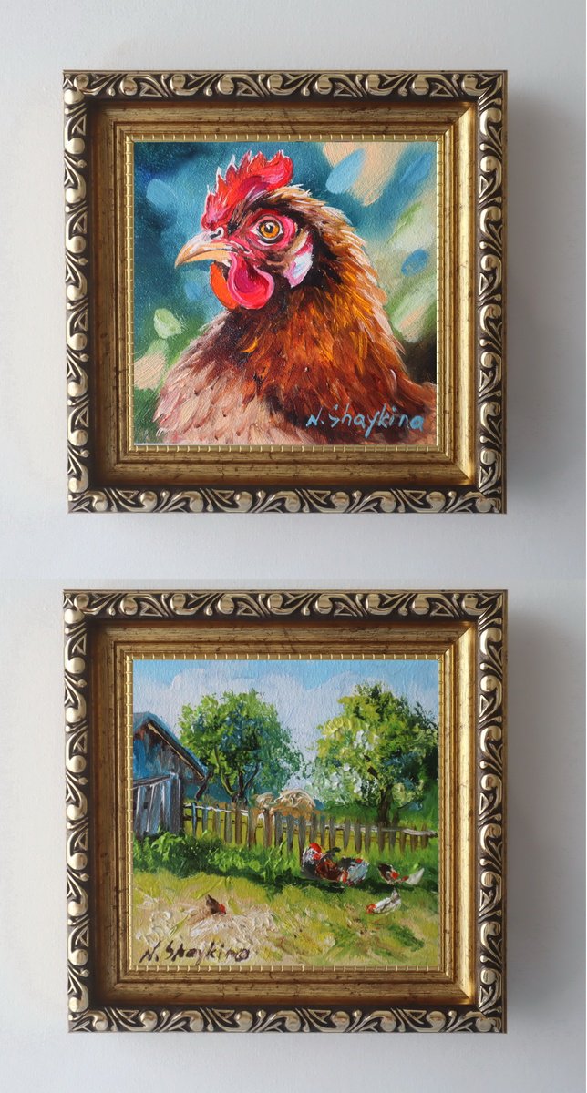 Hen & Farmyard Mini Gift Set By Natalia Shaykina, 5 X 5, Artwork For Sale On Artfinder