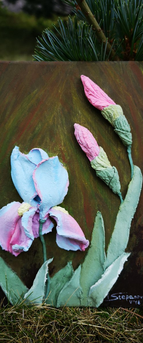 Pink irises - small painting with flowers, original textured wall relief, decor, bas relief, home decor, gift idea, pink, blue, green, brown 13x19x2 cm by Irina Stepanova