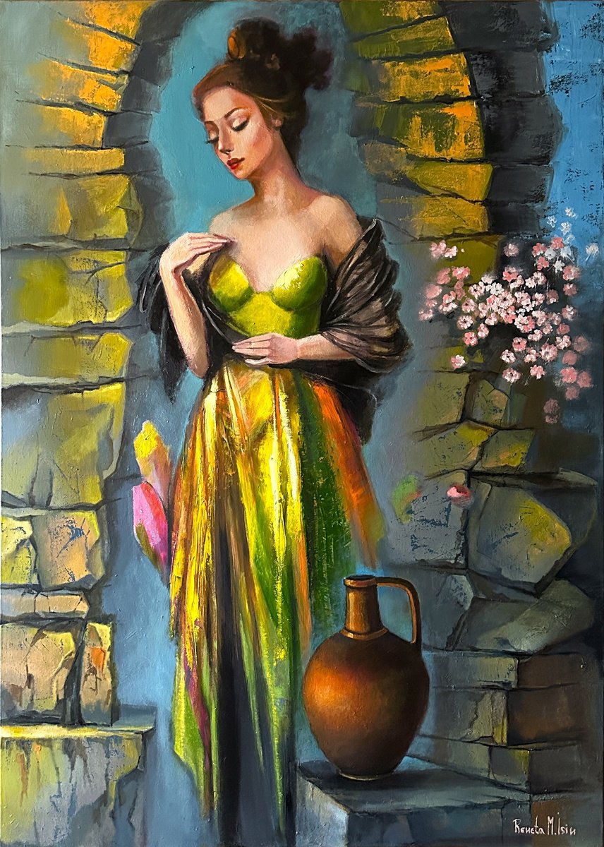 Expressive Portrait Oil Painting By Reneta Isin, 39 X 55", The Secret Of Stones, Original Artwork