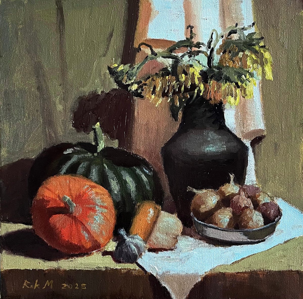 Impressionistic Still Life Oil Painting By Michael Rak, 14 X 14", Still Life With Pumpkins, Original Artwork