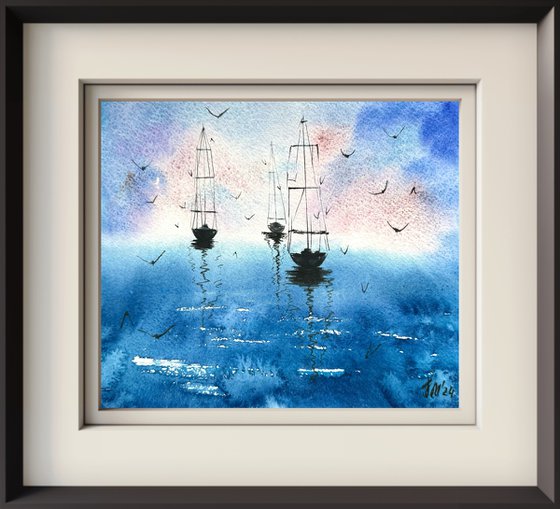 Seascape 3 yachts and seagulls