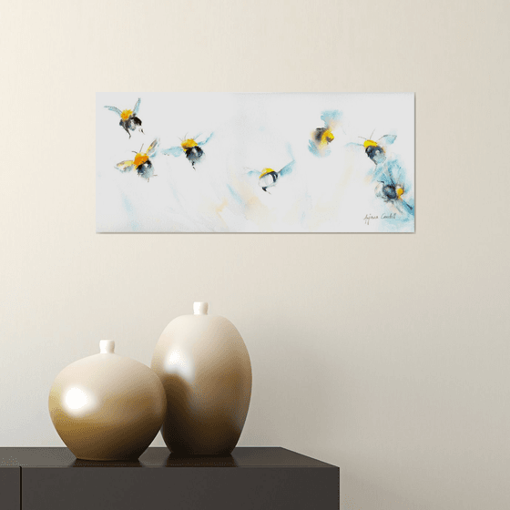 Bee painting, Bees in watercolour, Bee wall art, Panoramic painting, Minimalistic art