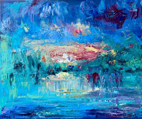 Sunset - Explosion of color, 50*60cm, abstract impressionistic landscape oil painting with a bit texture