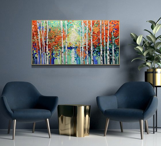 Woodlands Magic - Original Abstract Tree Painting, Colorful Trees Painting, Large Original Nature Landscape Modern Texture Painting Boho Wall Art Living Room Decor - Size: 48 x 24 inches (120 x 60 cm)