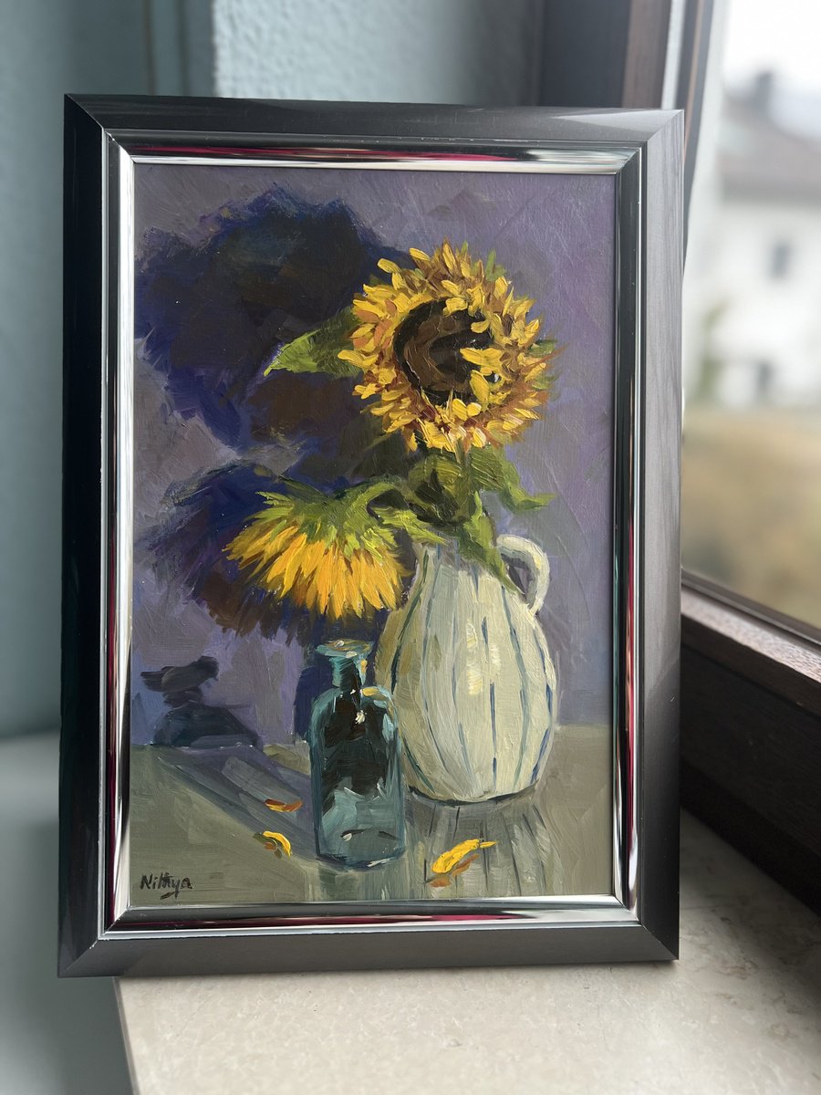 Expressive Still Life Oil Painting By Nithya Swaminathan, 10 X 14", Twin Sunflowers On Purple, Original Artwork
