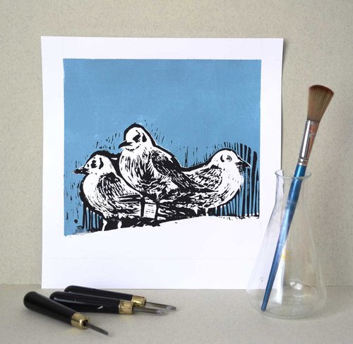 Seagulls, Linocut print on paper, 2023 by Marin Victor