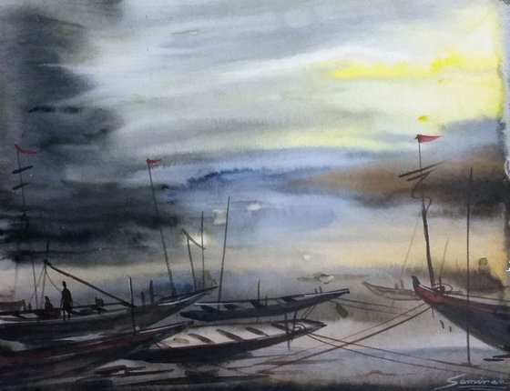 Storm & Fishing Boat - Watercolor painting