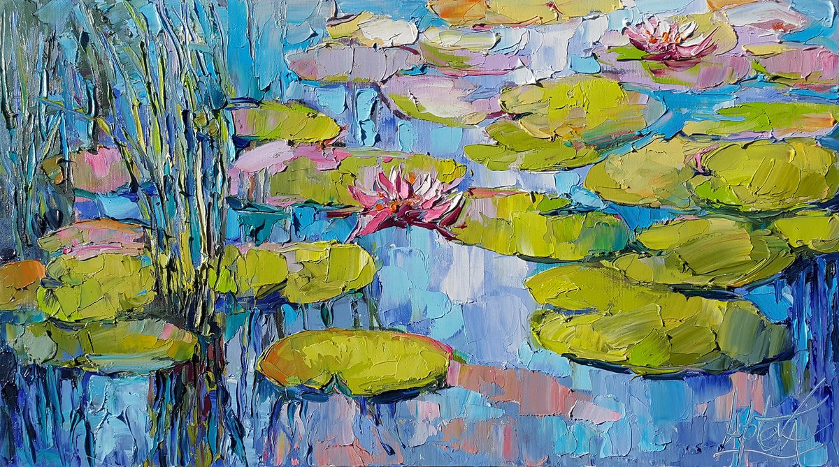 Impressionistic Landscape Oil Painting By Viktoria Lapteva, 28 X 15", Water Lilies, Original Artwork