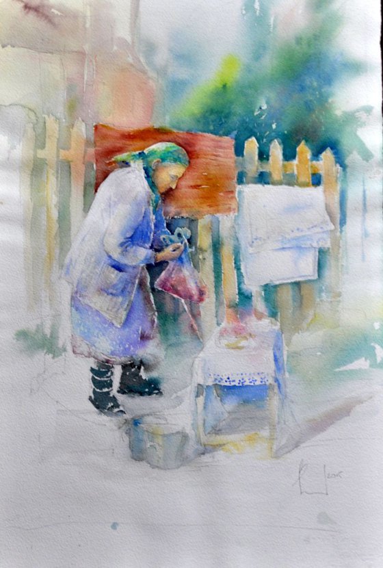 CHERRY'S SELLER  original large watercolor 53x35