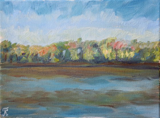 River landscape oil painting on canvas, spring forest painting