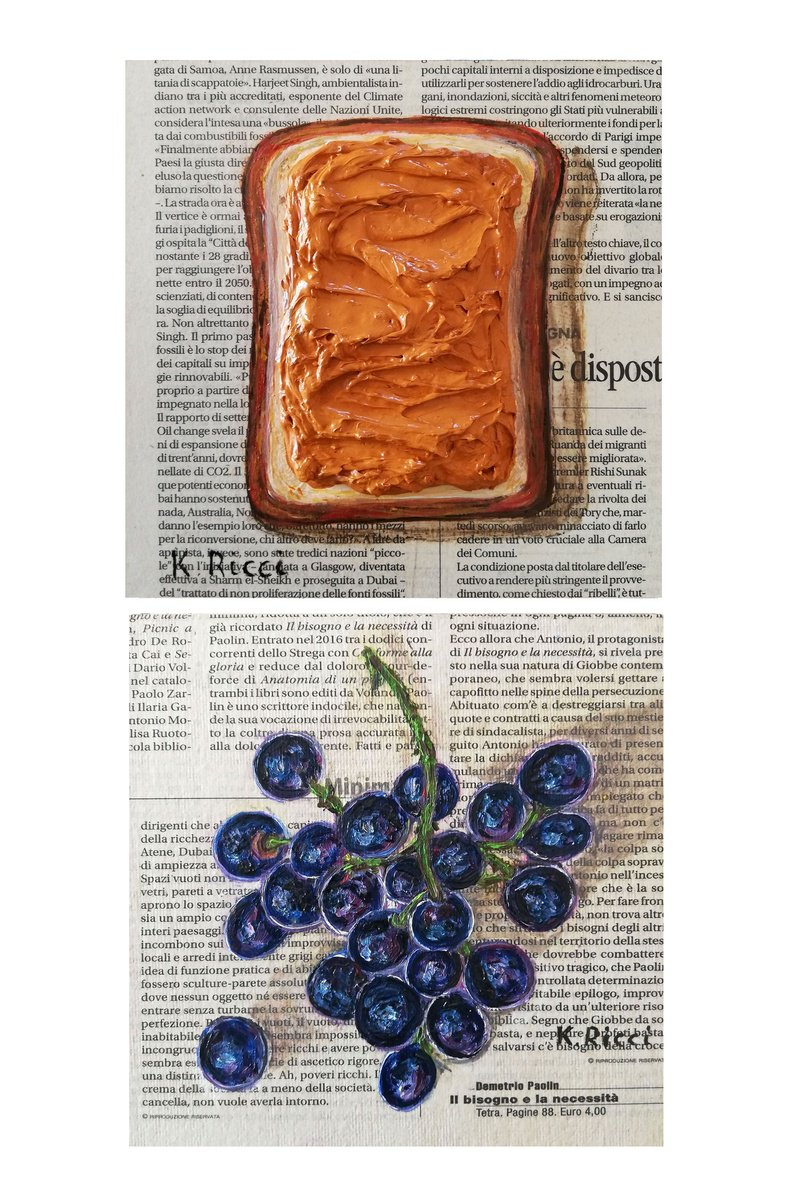 Impressionistic Still Life Oil Painting By Katia Ricci, 6 X 6", Toast And Grapes On Gazette, Original Artwork