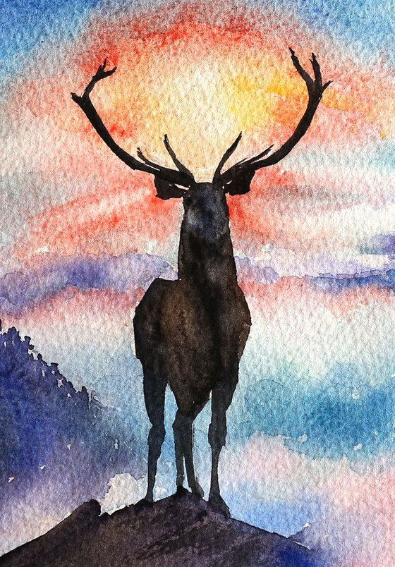 Wild Deer on Top of the World - ORIGINAL Watercolor Painting