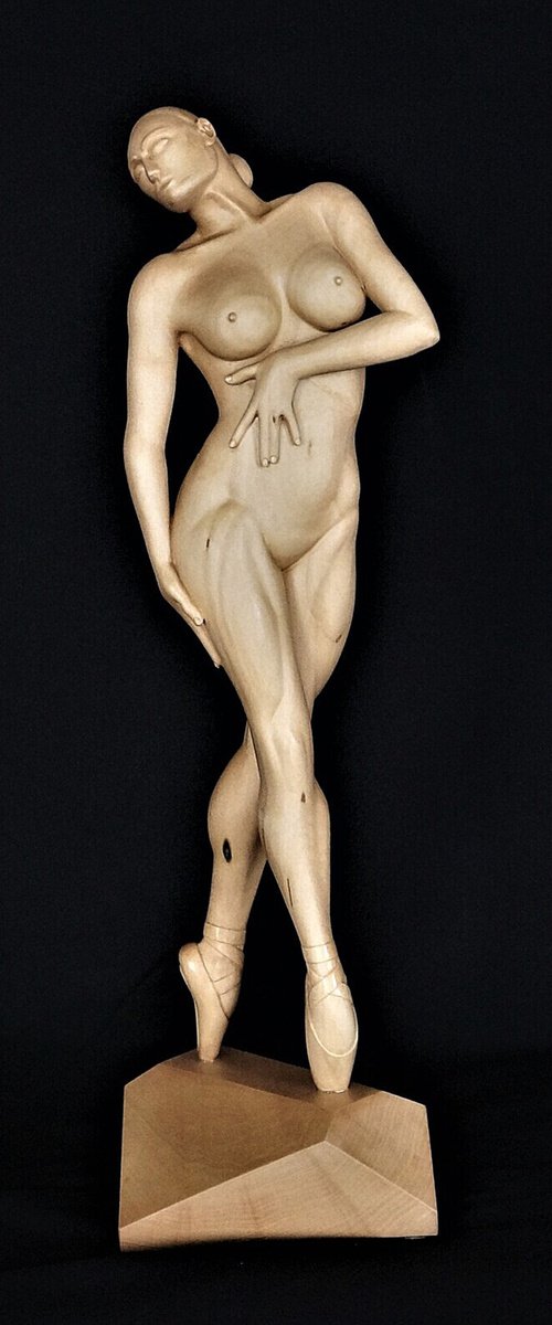 Nude Woman wood sculpture ON POINTES by Jakob Wainshtein