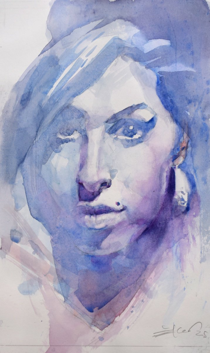 Expressive Portrait Watercolour By Goran Zigolic Watercolors, 9 X 16, Amy,Amy,Amy!2025, Original Artwork