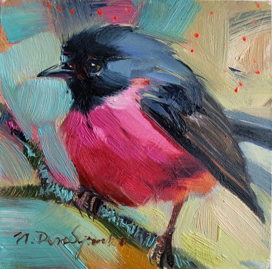 Pink Robin bird art, Bird painting original, Miniature bird painting in oil
