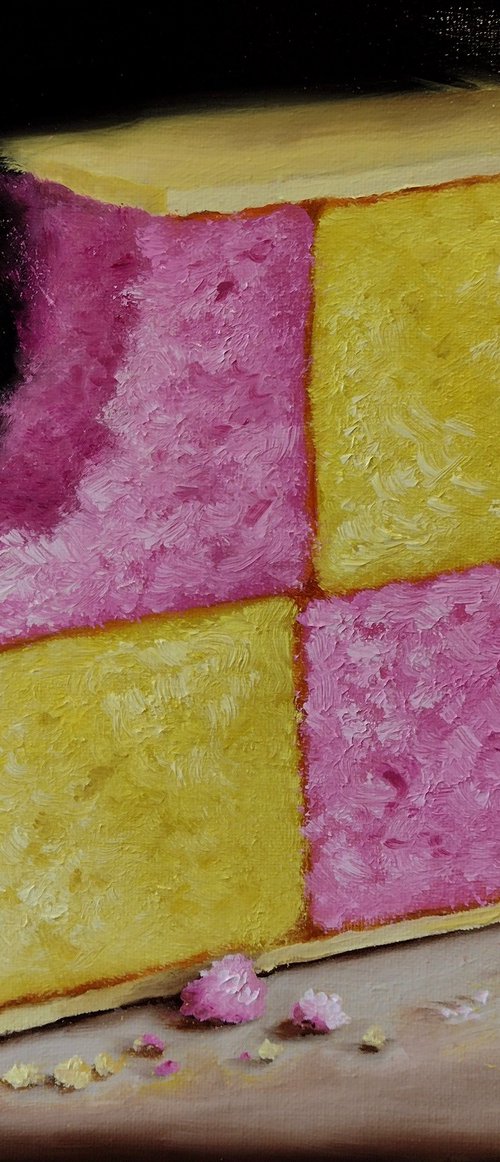 Big Battenberg cake still life by Jane Palmer Art