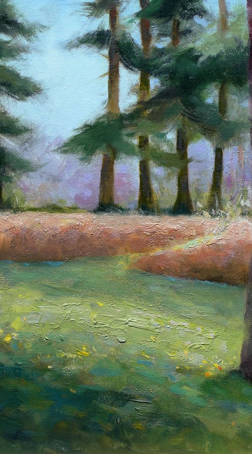 Impressionist Pine tree forest grass and bracken wooded landscape by Gav Banns