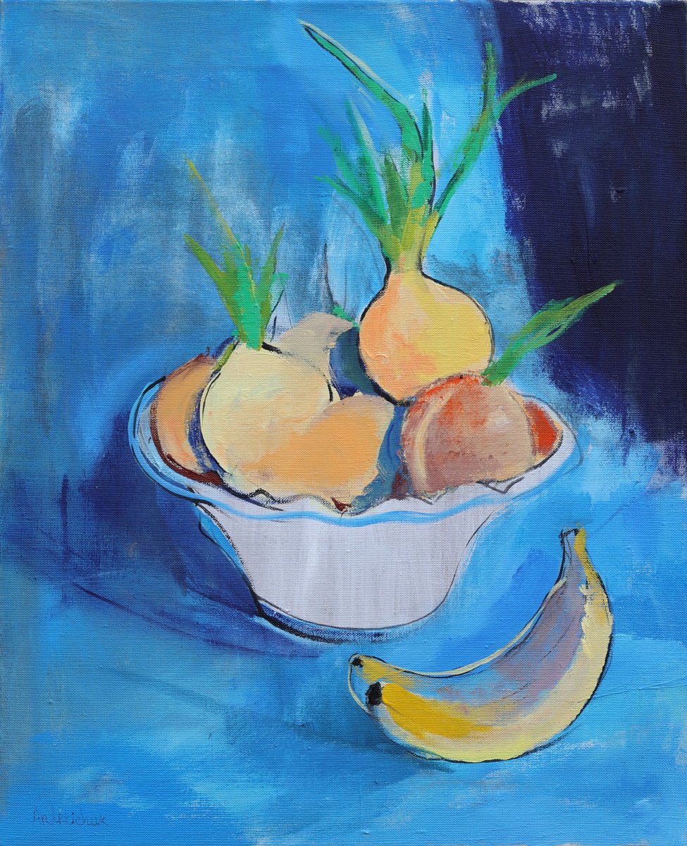 Impressionistic Still Life Acrylic Painting By Artem Andreichuk, 18 X 22, Onion And Bananas, Original Artwork