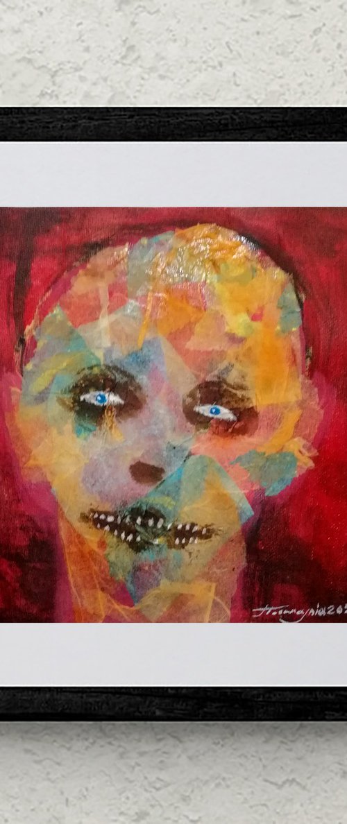 Sweet portraits from hell (Blue eye Satan), Mixed media on paper, 23x23 cm by Jamaleddin Toomajnia
