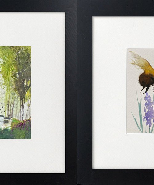 Two bee scenes framed by Teresa Tanner