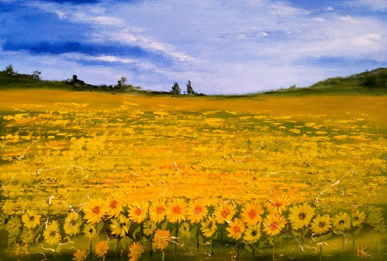 Ukraine Painting Landscape Original Art Sunflower Field Oil Artwork Ukrainian Landscape Home Wall Art 20 by 14" by Halyna Kirichenko