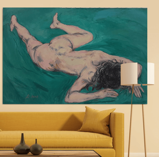 CARTURED BY DREAMS - nude art, original painting, oil on canvas, large abstract painting, green nude girl, interior art home decor, bed room art