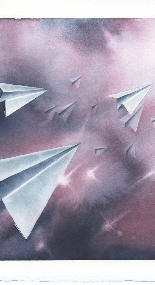 Promises III - Paper Plane Watercolor by ieva Janu