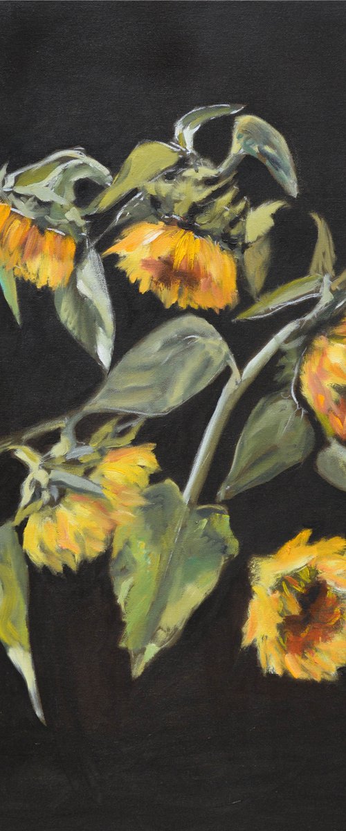 Yellow Sunflowers on the dark background impressionism Home Decoration Expression Love dynamics Energy energetic painting elegant flower painting by Anna Brazhnikova