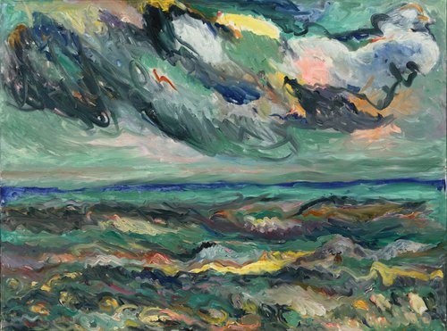 THUNDERSTORM OVER THE SEA - landscape art, seascape, nature, sky water waves , blue, large size original oil painting by Karakhan