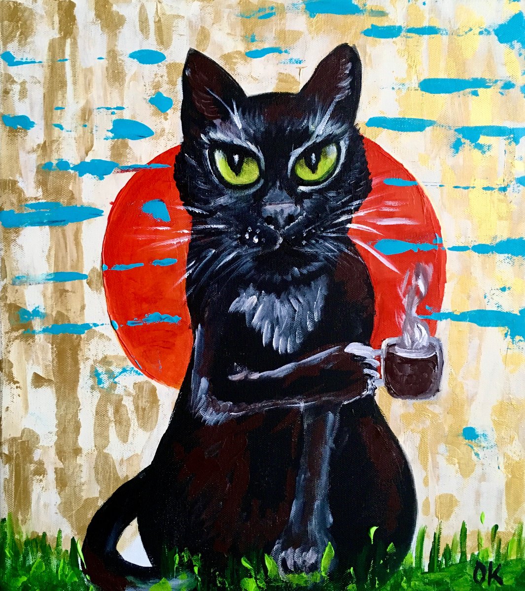 Impressionistic Animal Acrylic Painting By Olga Koval, 14 X 16", Morning Cat And Coffee, Original Artwork