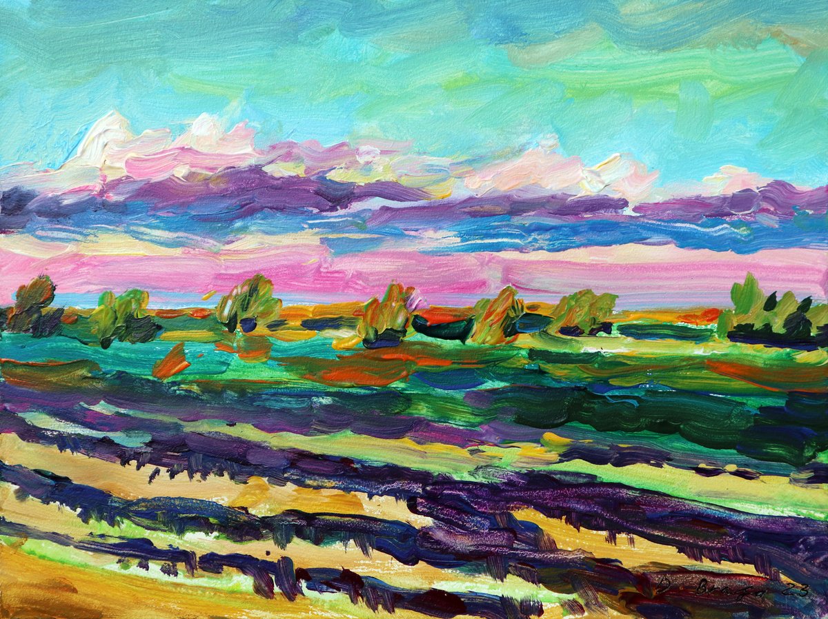 Expressive Landscape Acrylic Painting By Dima Braga, 16 X 12, Scorched Field, Evening, Original Artwork