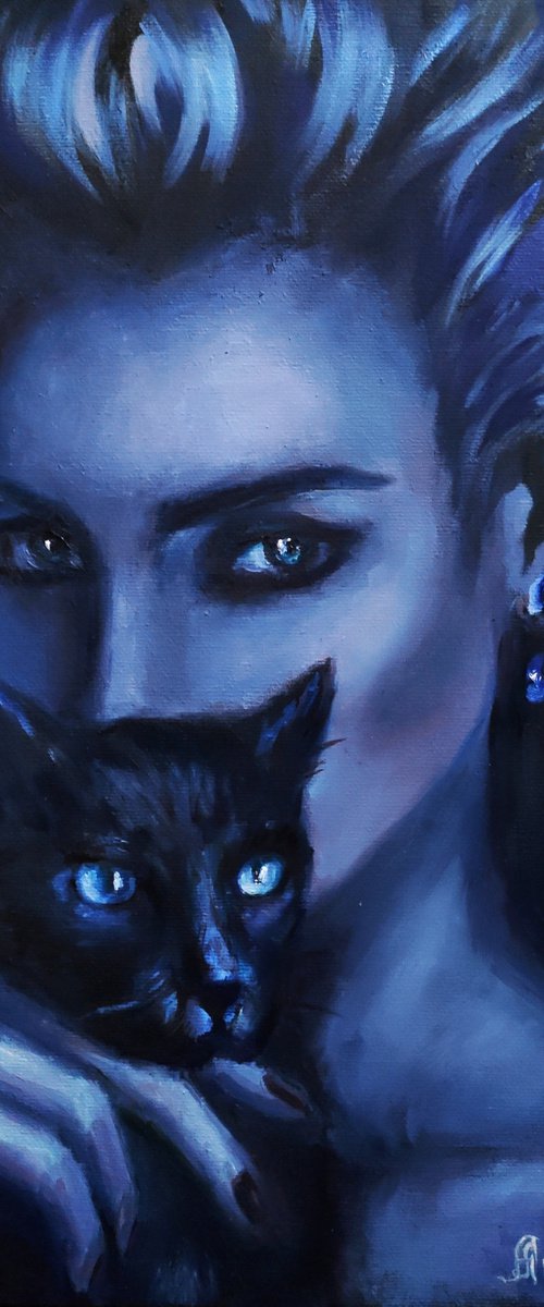 Woman Portrait Cat Navy Blue Twin Souls Mystic Art Totem Animals by Anastasia Art Line
