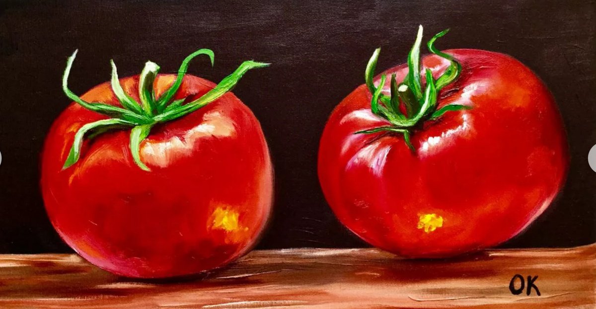 Expressive Still Life Oil Painting By Olga Koval, 18 X 10", Still Life With Tomatoes, Original Artwork