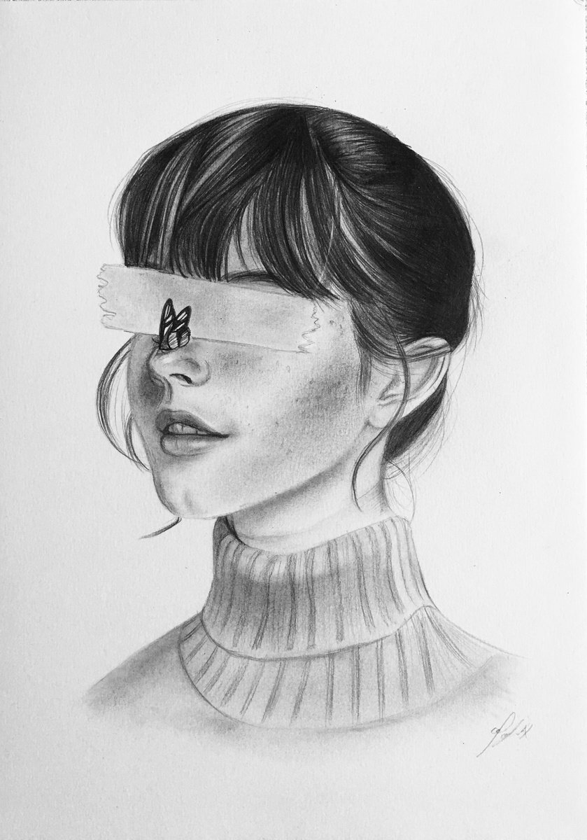 Photorealistic Portrait Pencil Drawing By Amelia Taylor, 8 X 12, Blindfolded, Original Artwork